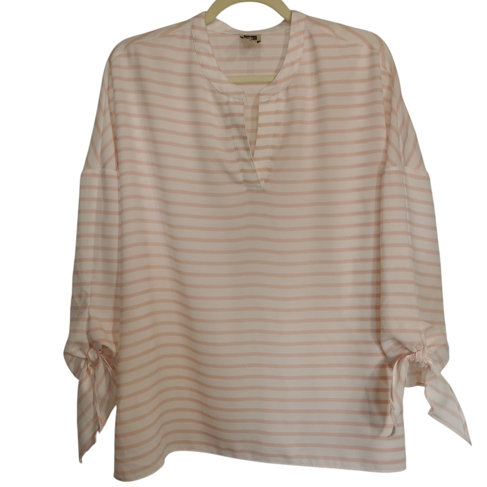 Anne Klein Split Neck 3/4 Sleeve Pink & White Striped Relaxed Fit Blouse - Sz L